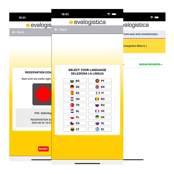 L'app Evalogistica su smartphone, con la coda di carico e la chat tradotta